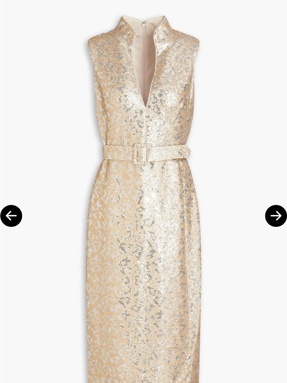 Badgley Mischka Sleeveless Gold Sequin Belted Midi Dress